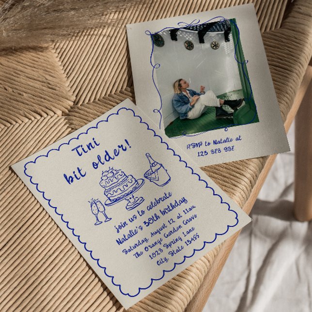 30th Blue Hand Drawn Champagne Cake Birthday Photo Invitation (Creator Uploaded)