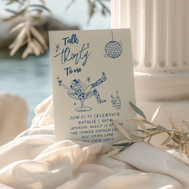 30th Blue Hand Drawn Cowgirl Coastal Fun Birthday Invitation (Creator Uploaded)