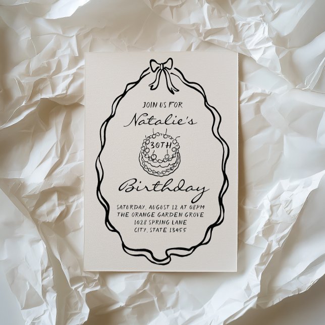 30th Bow Hand Drawn Coquette Illustrated Birthday Invitation (Creator Uploaded)