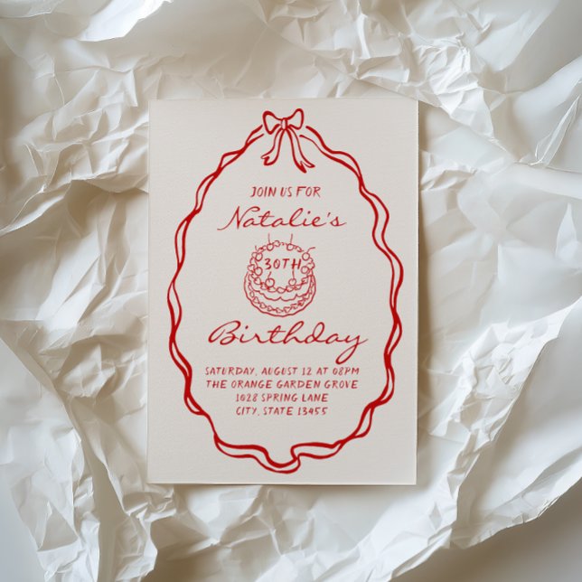 30th Bow Hand Drawn Coquette Illustrated Birthday Invitation (Creator Uploaded)