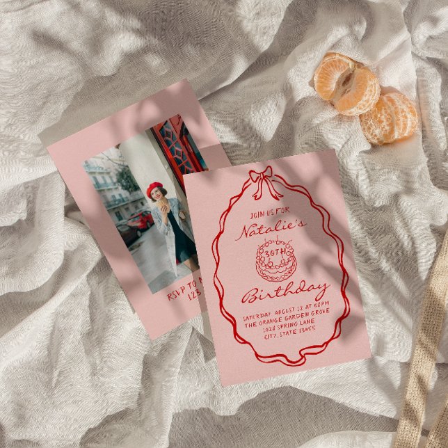 30th Bow Hand Drawn Coquette Photo Cake Birthday Invitation (Creator Uploaded)