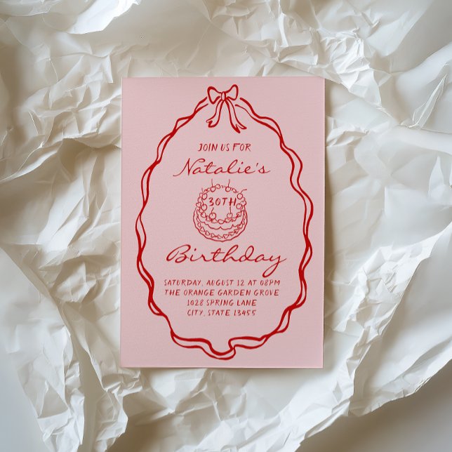 30th Bow Hand Drawn Coquette Thirtieth Birthday Invitation (Creator Uploaded)