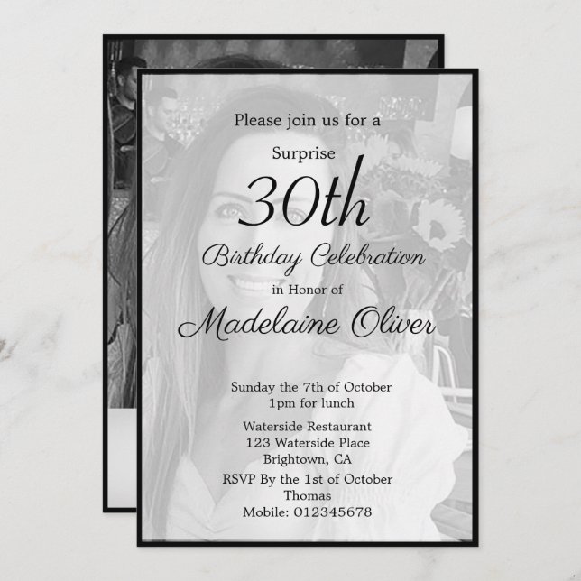30th Classy Monogram Black White Photo Birthday  Invitation (Front/Back)