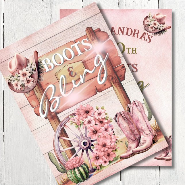 30th Cowgirl Boots Bling Western Pink Brown Invitation (Creator Uploaded)