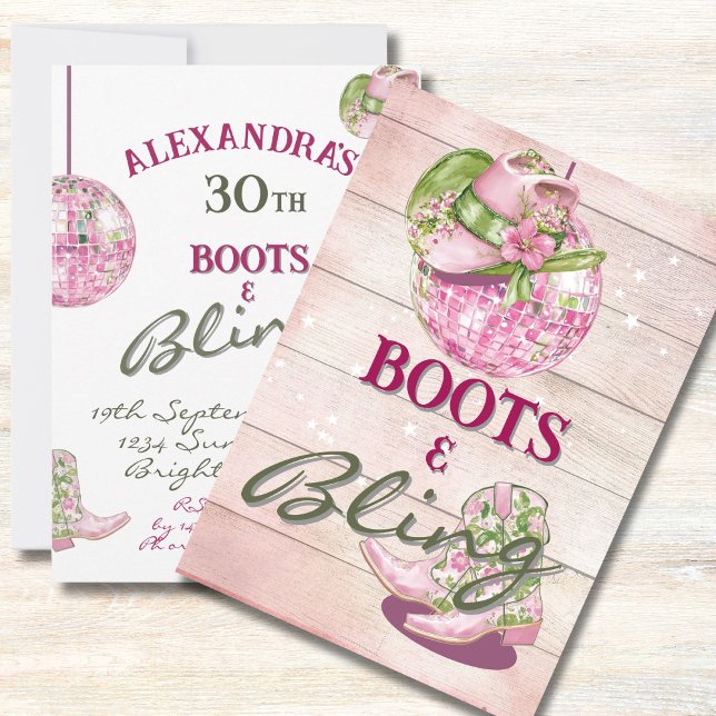 30th Cowgirl Disco  Boots Bling Pink Green   Invitation (Creator Uploaded)