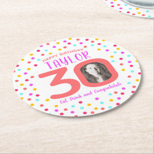 30th custom photo colourful coral confetti birthda round paper coaster