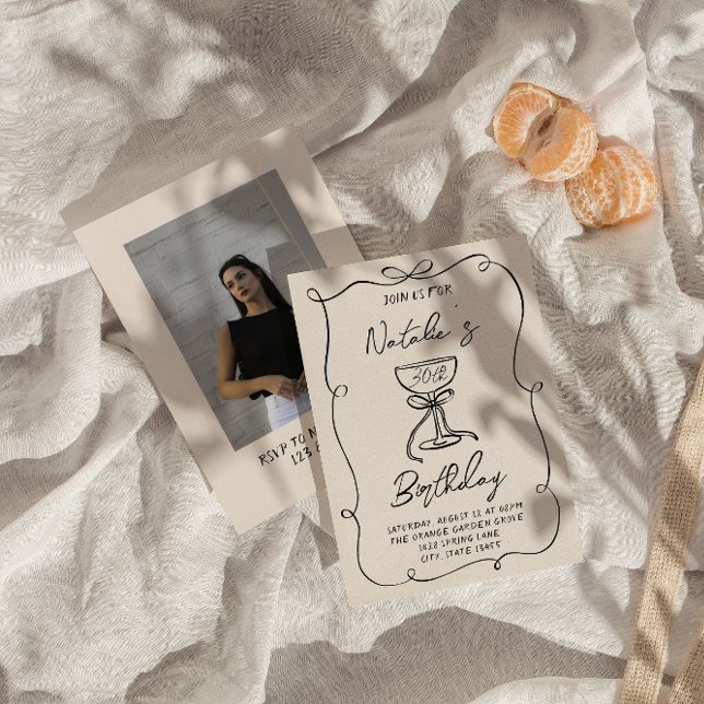 30th Doddle Black White Bow Martini Photo Birthday Invitation (Creator Uploaded)