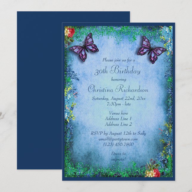 30th Faux Glitter, Butterfly & Roses Birthday Invitation (Front/Back)