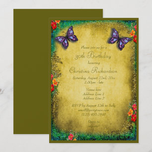 30th Faux Glitter, Butterfly & Roses Birthday Invitation