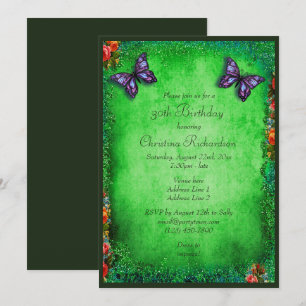 30th Faux Glitter, Butterfly & Roses Birthday Invitation