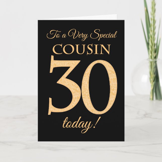 30th Gold-effect on Black for Cousin Birthday Card (Front)