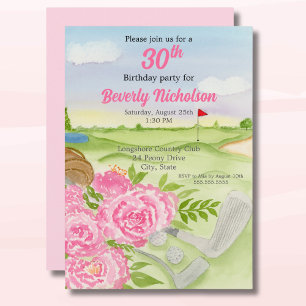 30th Golf Birthday Party Peonies On Golf Course Invitation