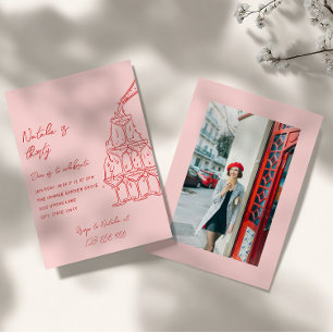 30th Hand Drawn Champagne Tower Photo Birthday Invitation