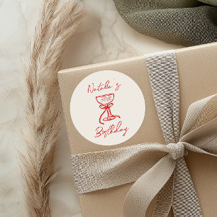 30th Hand Drawn Pink Bow Champagne Glass Birthday Classic Round Sticker