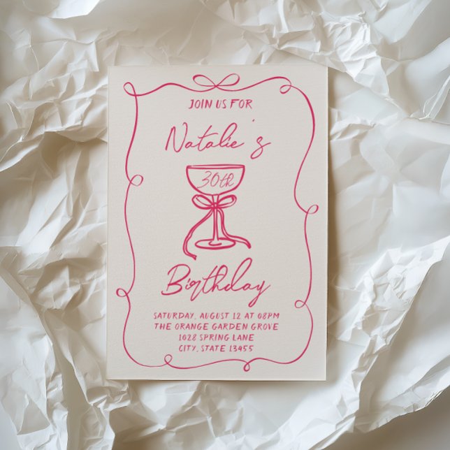 30th Hand Drawn Pink Bow Martini Doddle Birthday  Invitation (Creator Uploaded)