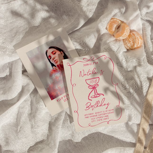 30th Hand Drawn Pink Bow Martini Photo Birthday Invitation (Creator Uploaded)