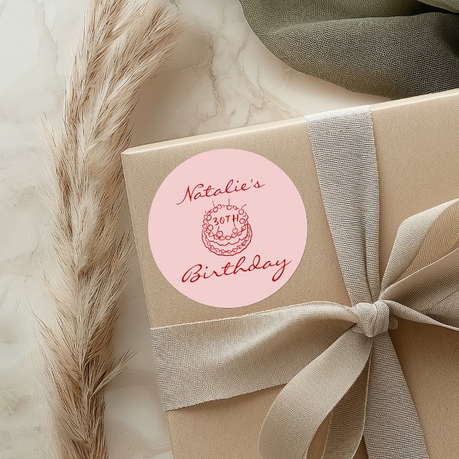 30th Hand Drawn Pink Cake Glass Birthday Party Classic Round Sticker (Creator Uploaded)