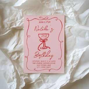 30th Hand Drawn Red Bow Martini Thirty Birthday  Invitation