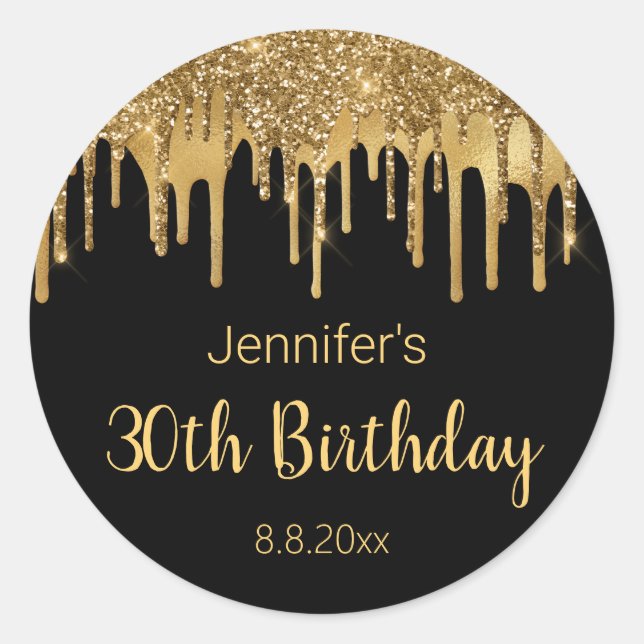 30th happy birthday black gold dripping glitters   classic round sticker (Front)