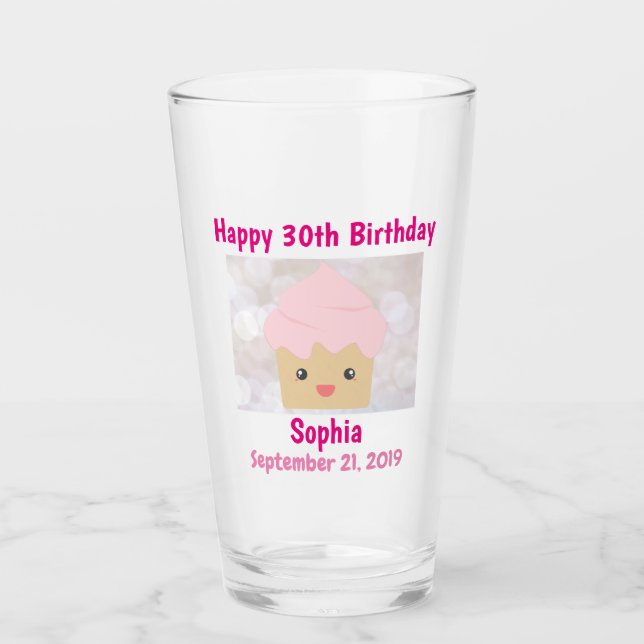 30th Happy Birthday Cute Pink Cupcake Souvenir Glass (Front)