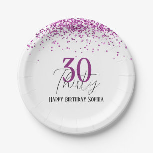 30th Happy Birthday Dark Pink Glitter Girly Party Paper Plate