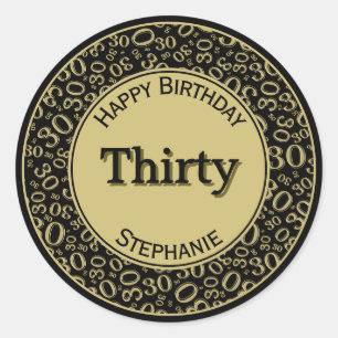 30th Happy Birthday Number Pattern Black/Gold Classic Round Sticker