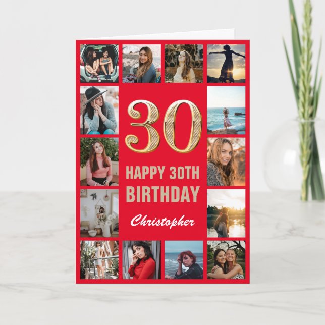 30th Happy Birthday Red and Gold Photo Collage Card (Front)