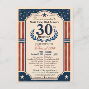 30th High School Class Reunion Americana Red White Postcard