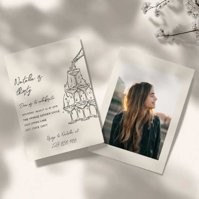 30th Illustrated Champagne Tower Photo Birthday  Invitation (Creator Uploaded)