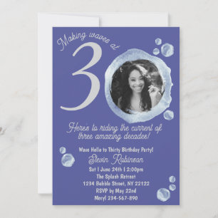 30th Indigo Blue Bubbles Birthday Party Photo Invitation