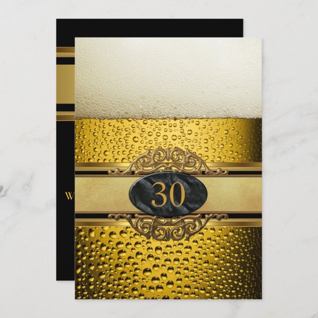 30th Mans Beer Black Gold Birthday Party Invitation (Front/Back)