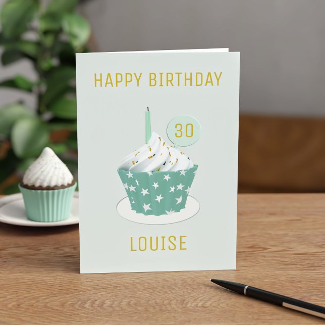 30th Mint Cupcake Happy Birthday Card (Happy Birthday Cupcake! Just add a name and age and send with a cake!)