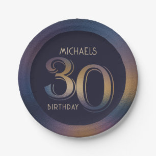 30th modern dark purple and gold birthday paper plate