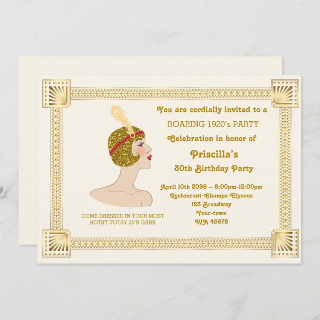 30th or any,Birthday Party woman,Gatsby,gold white Invitation (Front/Back)