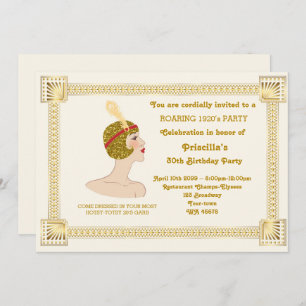 30th or any,Birthday Party woman,Gatsby,gold white Invitation