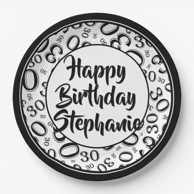 30th Party Random Number Pattern Black/White Paper Plate (Front)