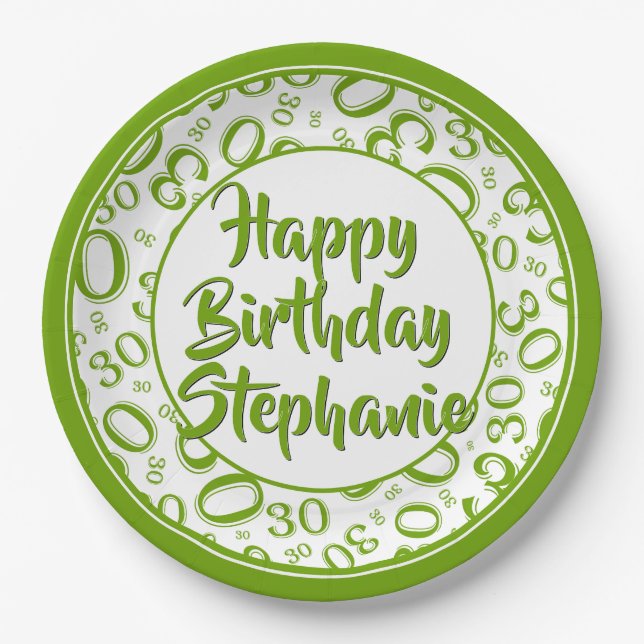 30th Party Random Number Pattern Green/White Paper Plate (Front)