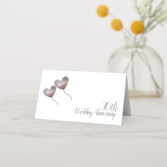 30th pearl anniversary purple heart balloons place card (Front)