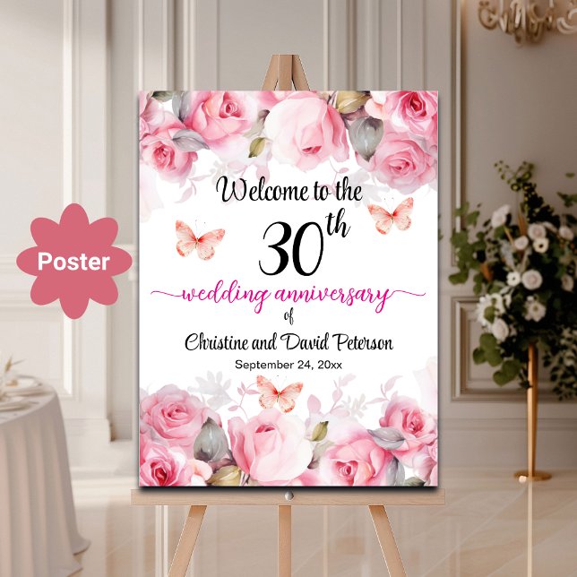 30th Pearl Wedding Anniversary Blush Rose Welcome Poster (Creator Uploaded)