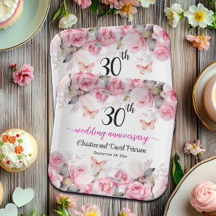 30th Pearl Wedding Anniversary Blush Roses Paper Plate