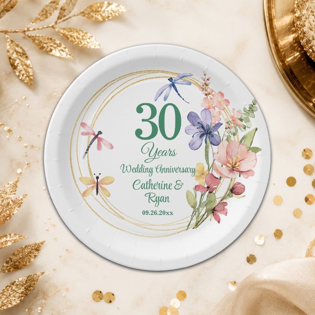30th Pearl Wedding Anniversary Gold Frame Floral Paper Plate (Creator Uploaded)