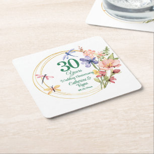 30th Pearl Wedding Anniversary Gold Frame Floral Square Paper Coaster