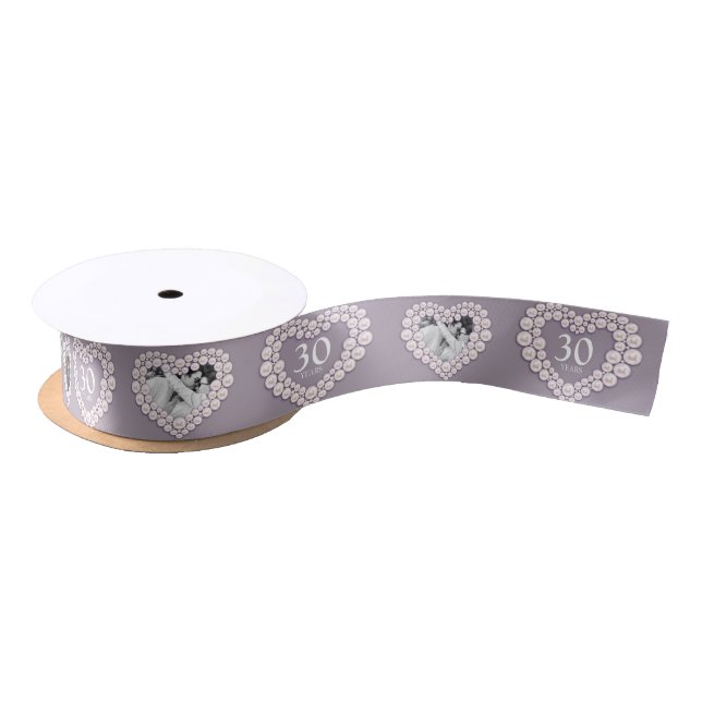 30th pearl wedding anniversary photo heart satin ribbon (Spool)