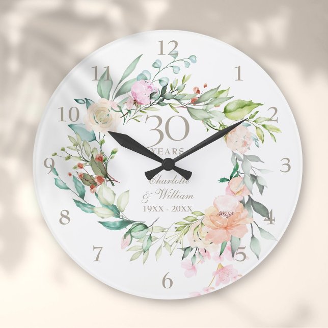 30th Pearl Wedding Anniversary Roses Floral Large Clock (30th Pearl Wedding Anniversary Roses Floral Large Clock)