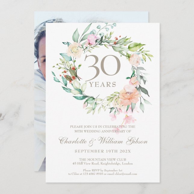 30th Pearl Wedding Anniversary Roses Floral Photo Invitation (Front/Back)