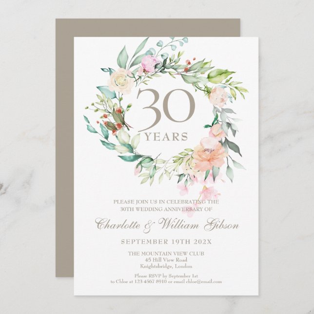 30th Pearl Wedding Anniversary Roses Greenery Invitation (Front/Back)