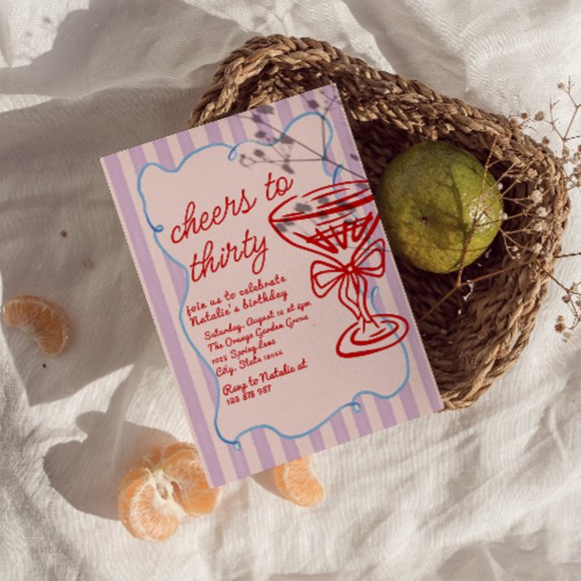 30th Pink Drawn Colourful Champagne Glass Birthday Invitation (Creator Uploaded)