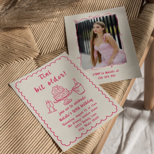 30th Pink Hand Drawn Champagne Cake Birthday Photo Invitation (Creator Uploaded)