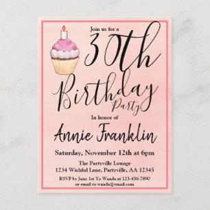 30th Pink Watercolor Cupcake Birthday Invitation Postcard