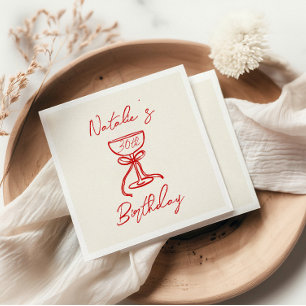 30th Retro Hand Drawn Champagne Bow Glass Birthday Napkin